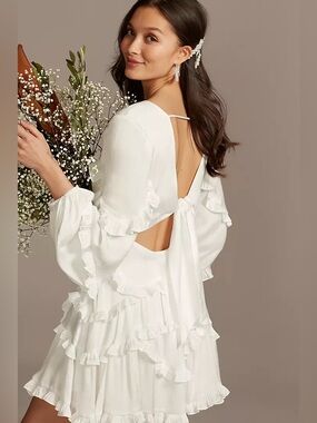 Open-Back White Ruffle Mini Dress with Tie Detail